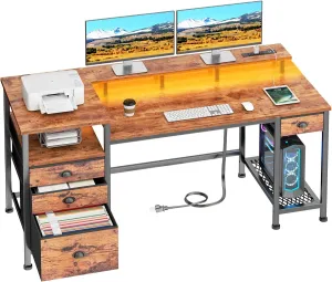 Furologee Computer Desk with 4 Drawers, 60" Office Long Desk with Fabric File Cabinet and Power Outlets, Gaming Desk with LED Lights, Study Writing Work Table for Home Office, Rustic Brown
