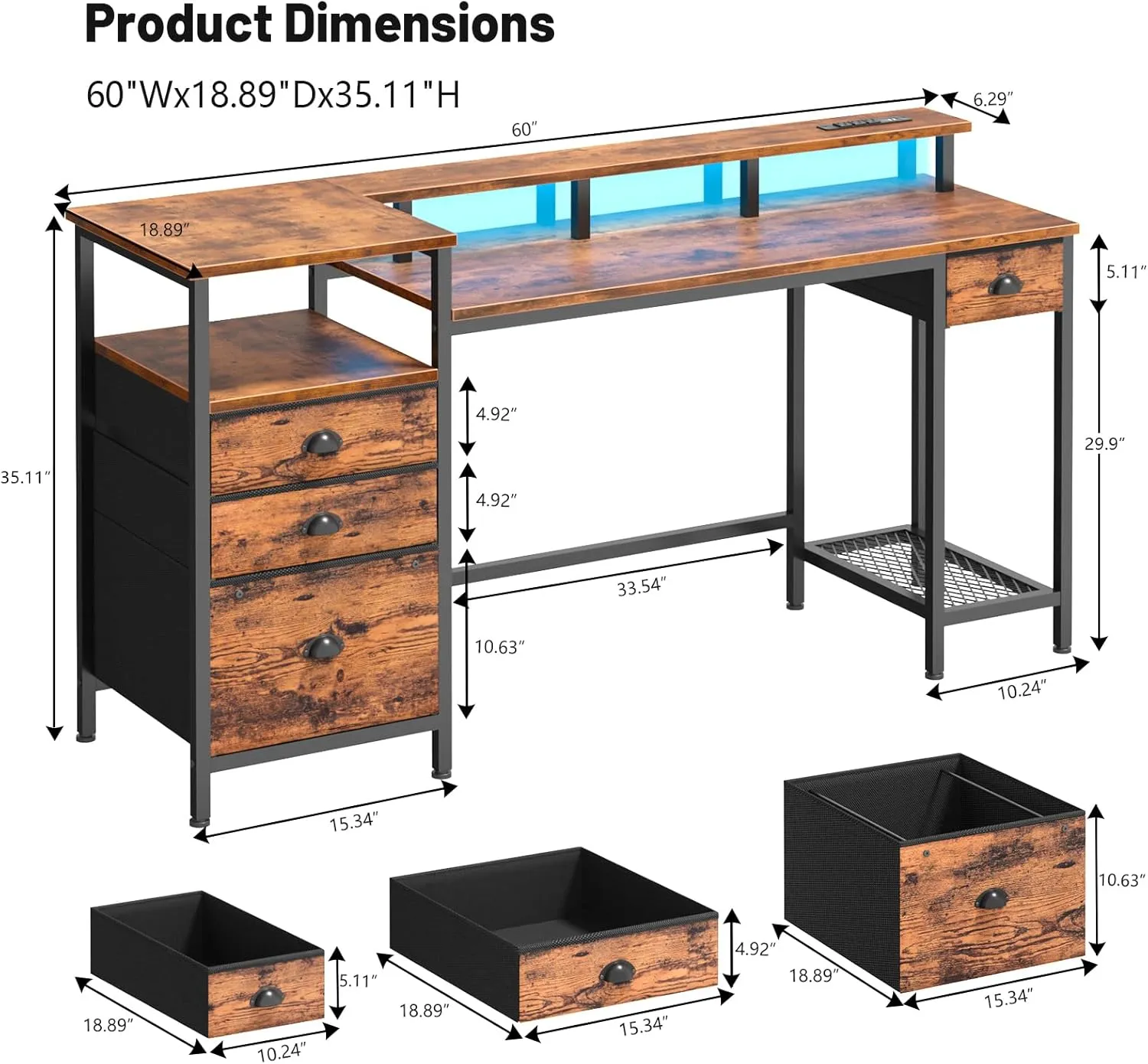 Furologee Computer Desk with 4 Drawers, 60" Office Long Desk with Fabric File Cabinet and Power Outlets, Gaming Desk with LED Lights, Study Writing Work Table for Home Office, Rustic Brown