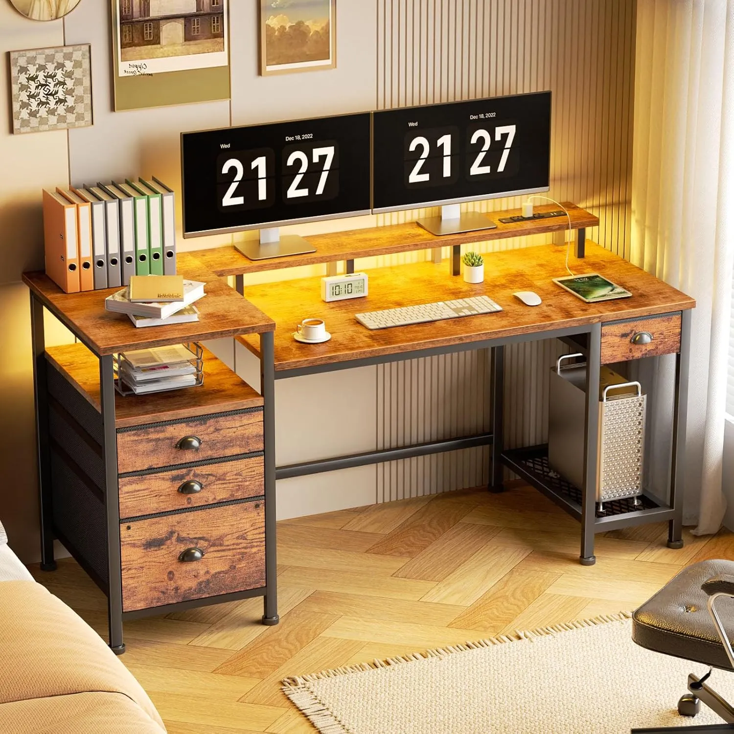 Furologee Computer Desk with 4 Drawers, 60" Office Long Desk with Fabric File Cabinet and Power Outlets, Gaming Desk with LED Lights, Study Writing Work Table for Home Office, Rustic Brown