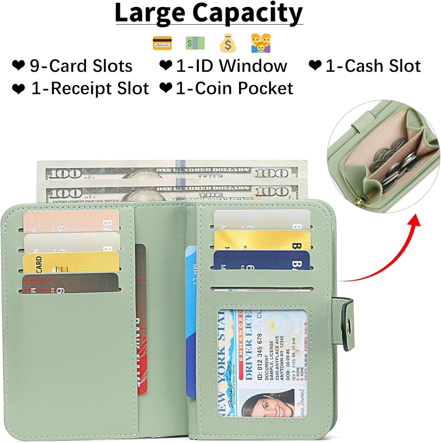 GAEKEAO Small Wallet for Women RFID Blocking Leather Wristlet Purse Bifold Ladies Wallet Credit Card Holder with ID Window