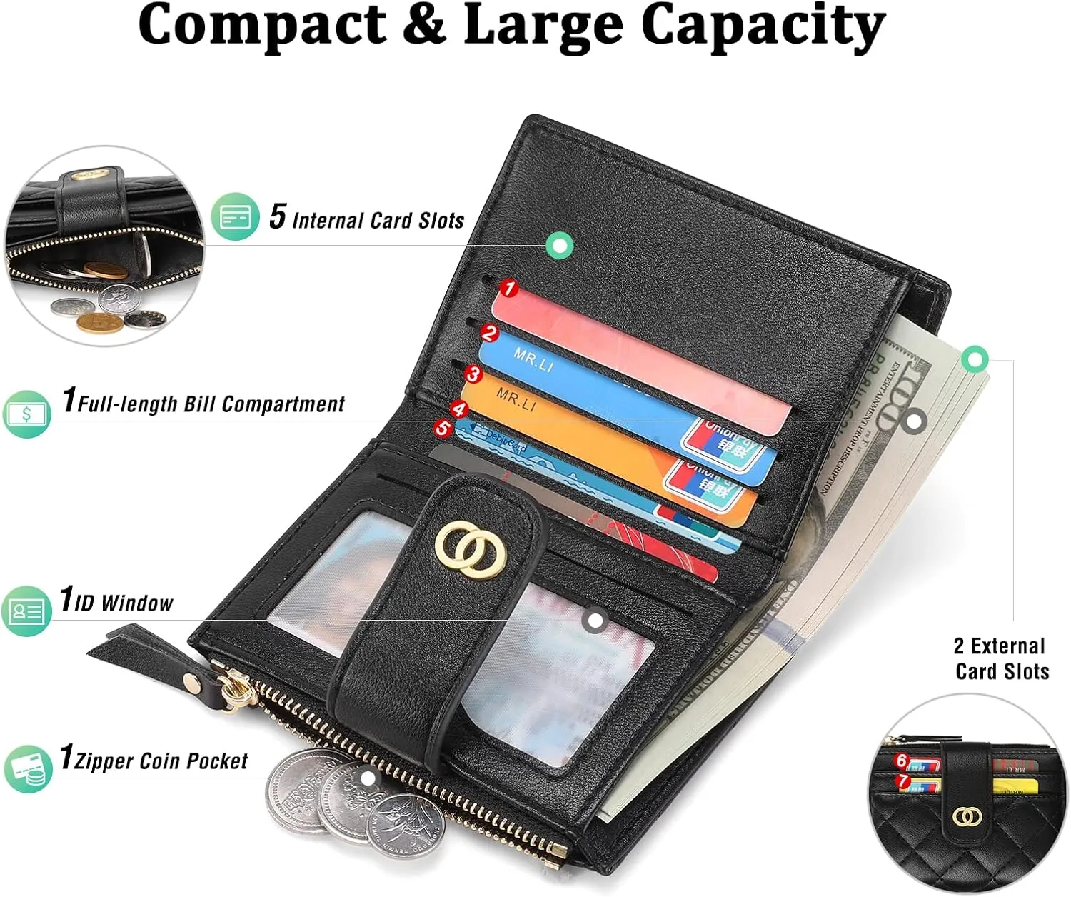 GAEKEAO Small Wallet for Women Slim Bifold Leather Credit Card Holder Wallets Zipper Pocket Coin Purse with ID Window
