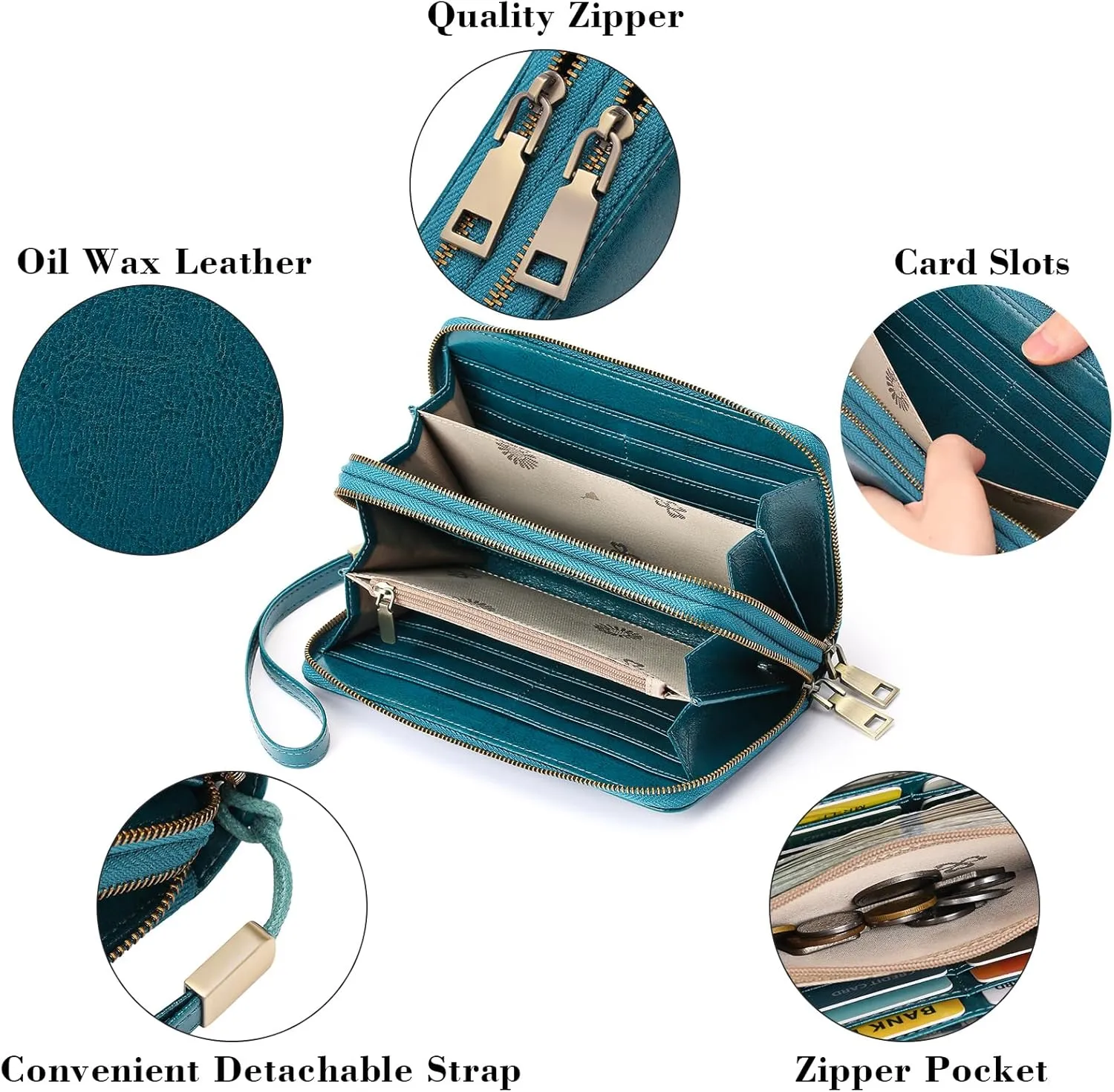GAEKEAO Wallet for Women Clutch RFID Blocking Leather Wristlet Purse Large Capacity Credit Card Holder with Grip Hand Strap