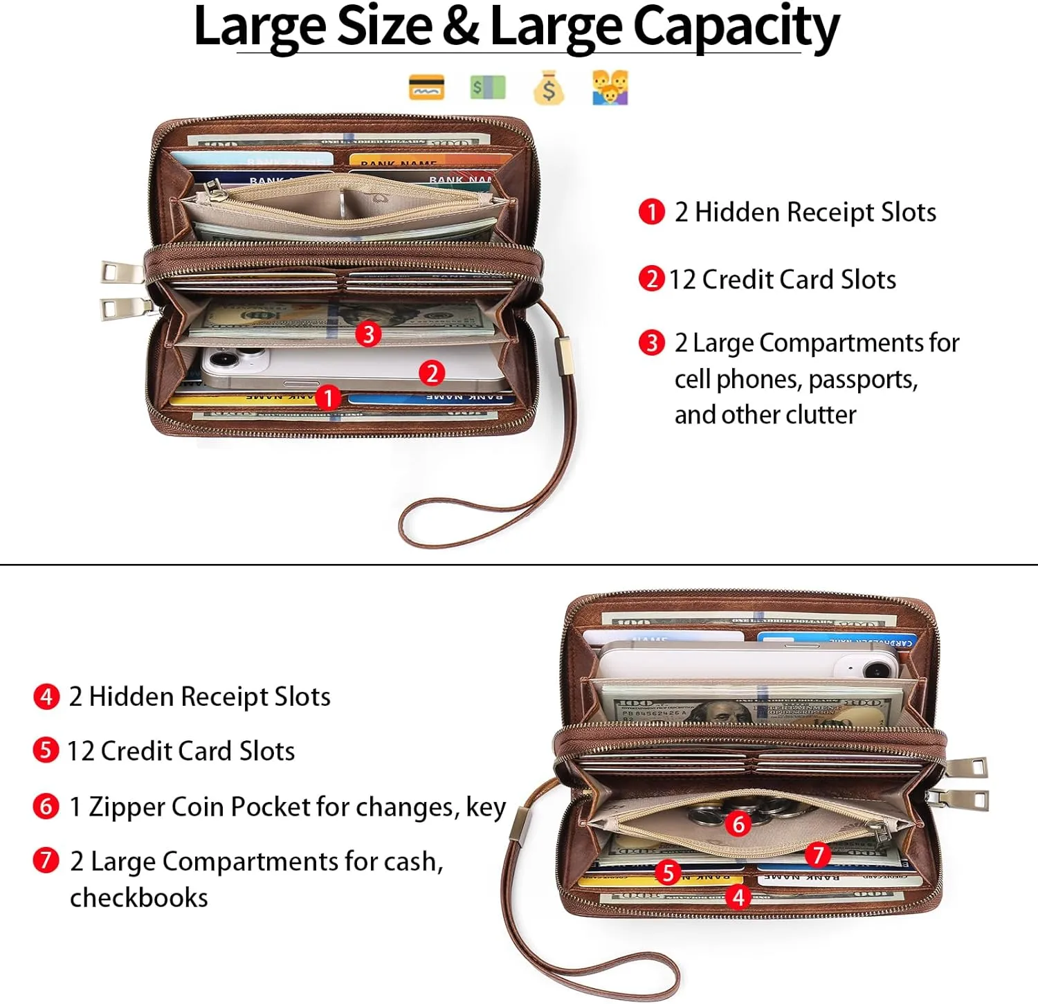 GAEKEAO Wallet for Women Clutch RFID Blocking Leather Wristlet Purse Large Capacity Credit Card Holder with Grip Hand Strap