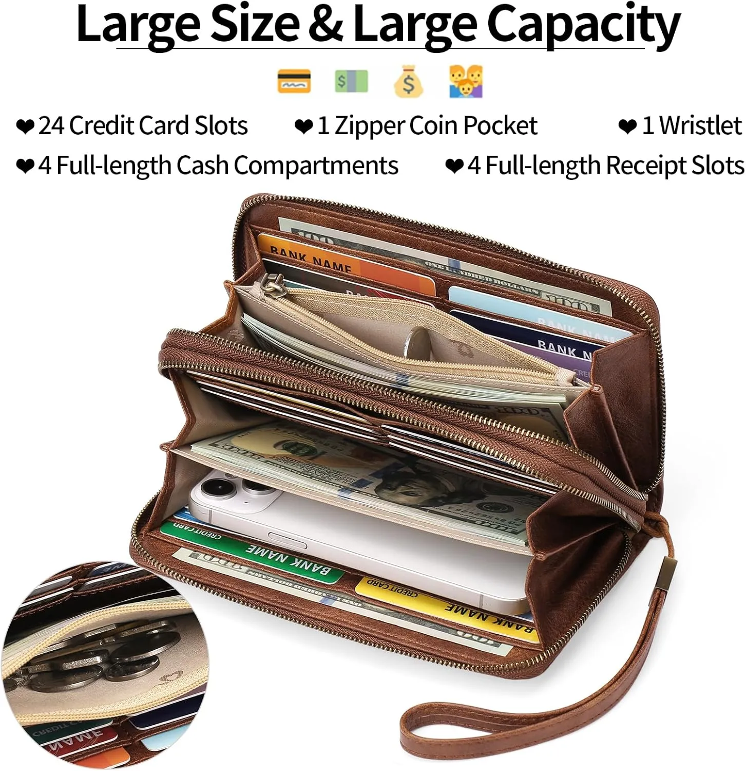 GAEKEAO Wallet for Women Clutch RFID Blocking Leather Wristlet Purse Large Capacity Credit Card Holder with Grip Hand Strap