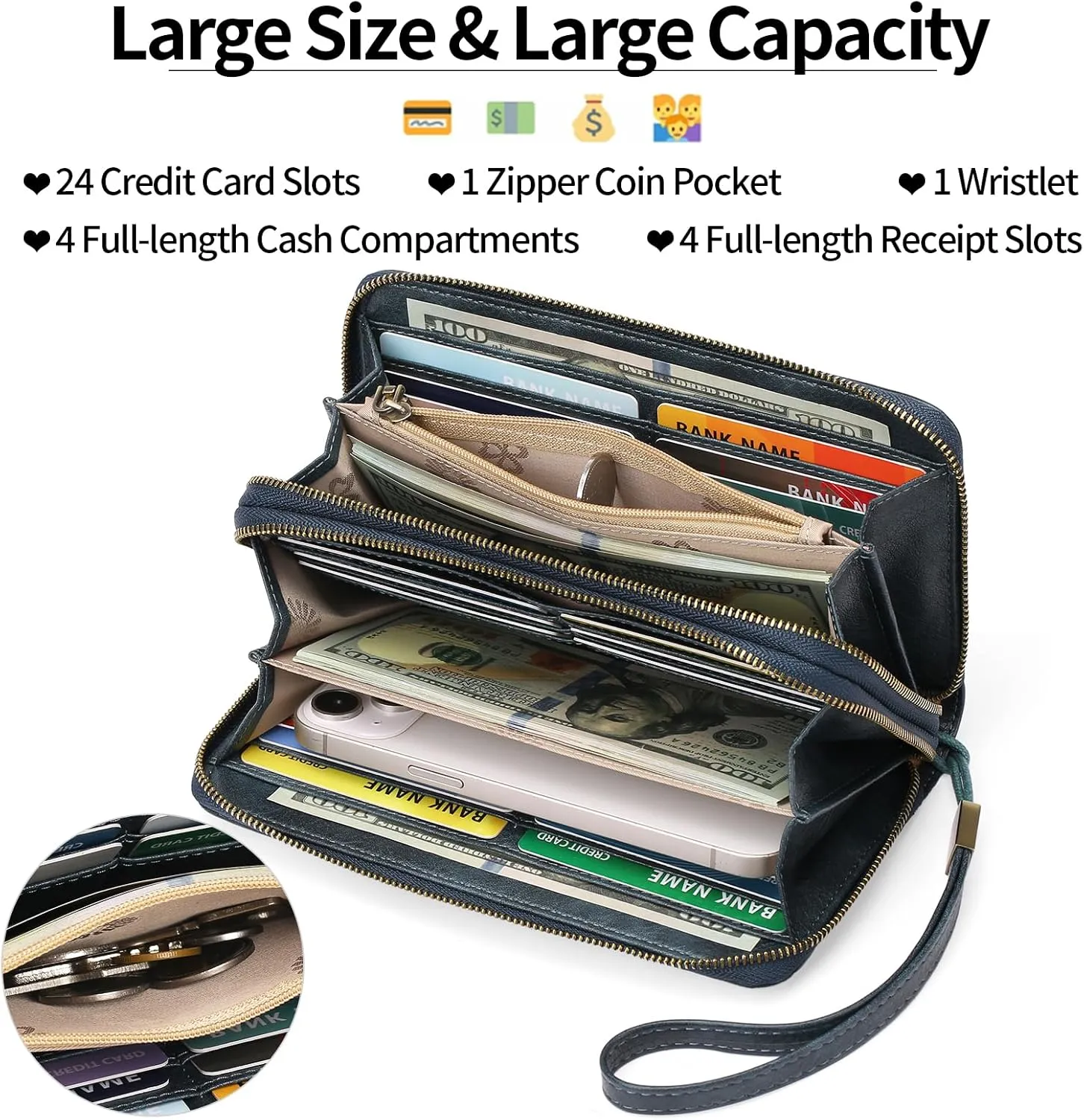 GAEKEAO Wallet for Women Clutch RFID Blocking Wristlet Leather Purse Large Capacity Credit Card Holder with Grip Hand Strap