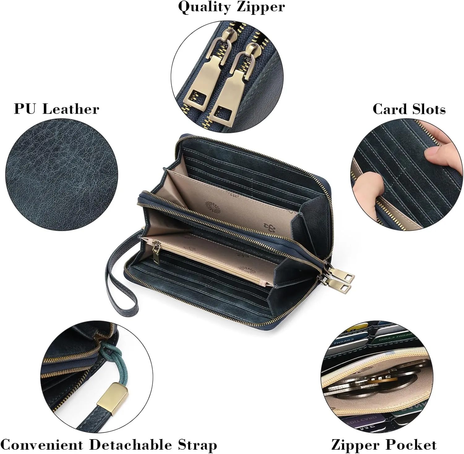 GAEKEAO Wallet for Women Clutch RFID Blocking Wristlet Leather Purse Large Capacity Credit Card Holder with Grip Hand Strap