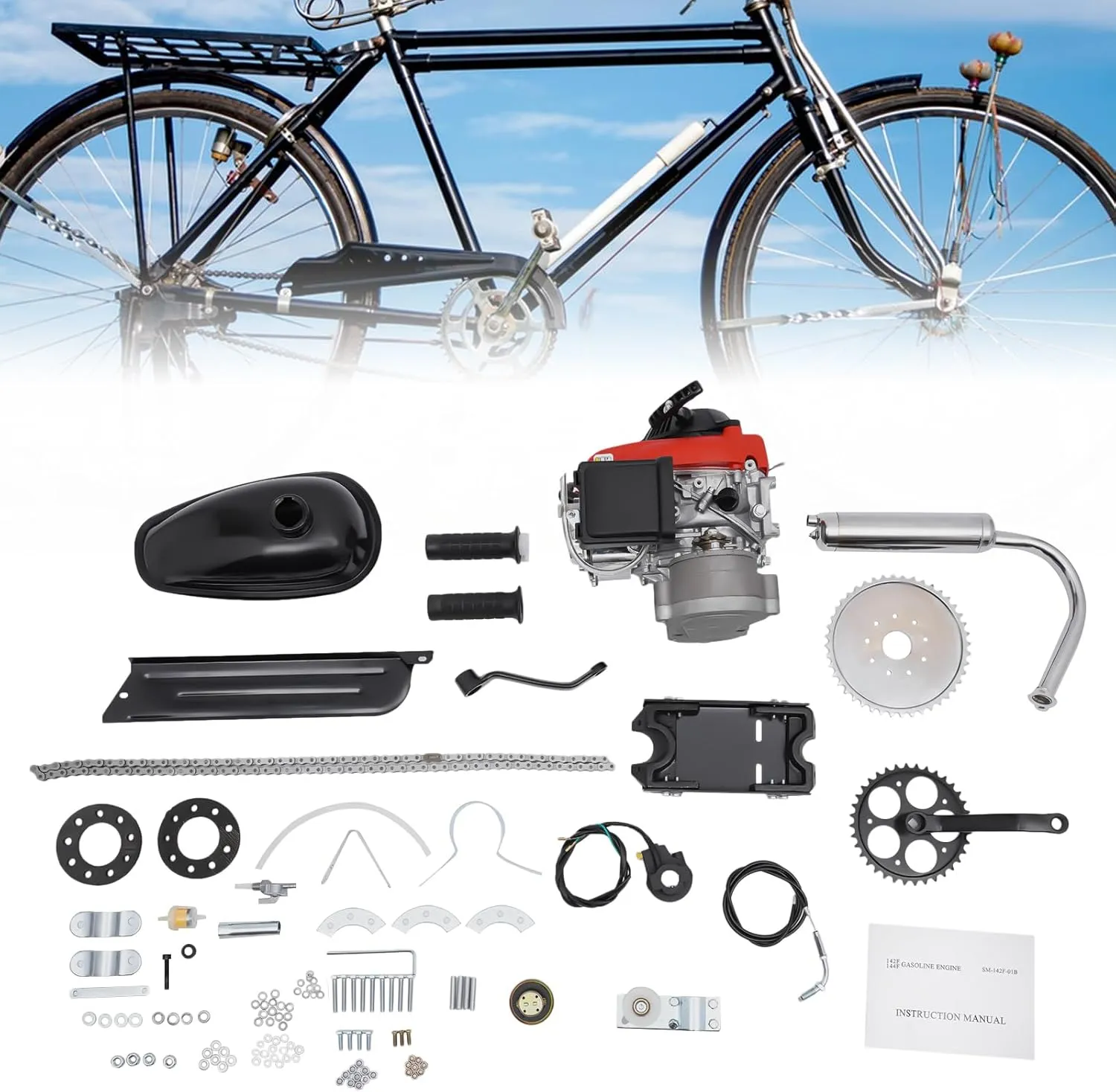 Gas Powered Bicycle Motor Kit, 53CC 4-Stroke Single Cylinder Chain Drive Scooter Engine Conversion Kit, Gas Petrol Motorized Bike Engine Motor Kit for Mountain Bikes Road Bikes