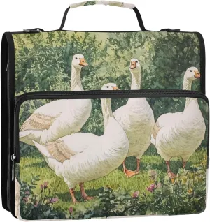 Geese on A Green Lawn Zipper Binder Bag, 1.5 inch 3 Ring Binder File Organizer with Handle and Shoulder Strap, Multi-Pocket, 500 Sheet Capacity