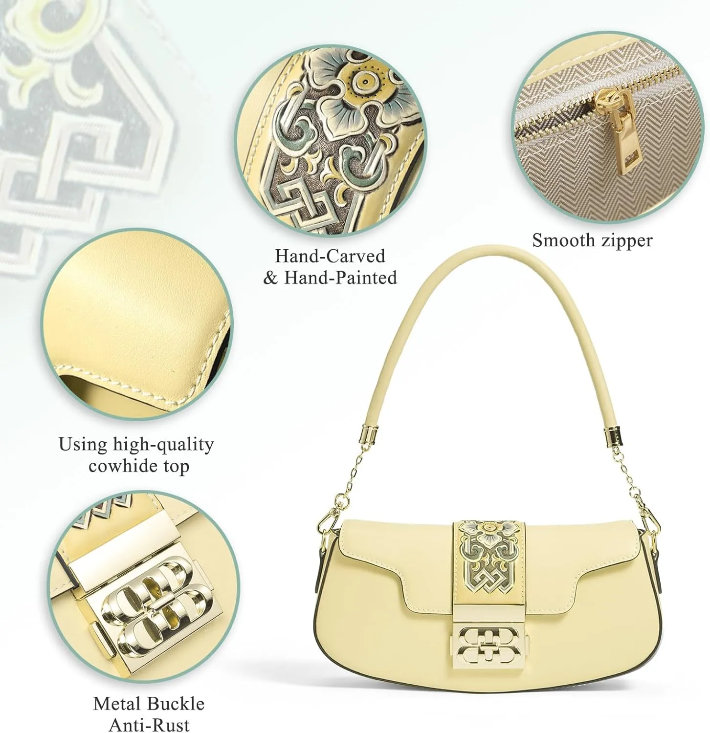 Genuine Leather Shoulder Bag for Women Hand Carved Painted Leather Clutch Saddle Bag Cute Hobo Tote Handbag Purse