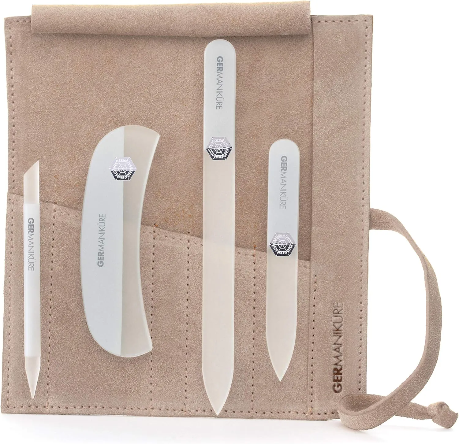 GERMANIKURE Crystal Glass Nail File Set in Beige Suede Case – Handmade in Czech Republic – Professional Manicure & Pedicure Supplies – Glass Cuticle Stick, Pusher, Moon File