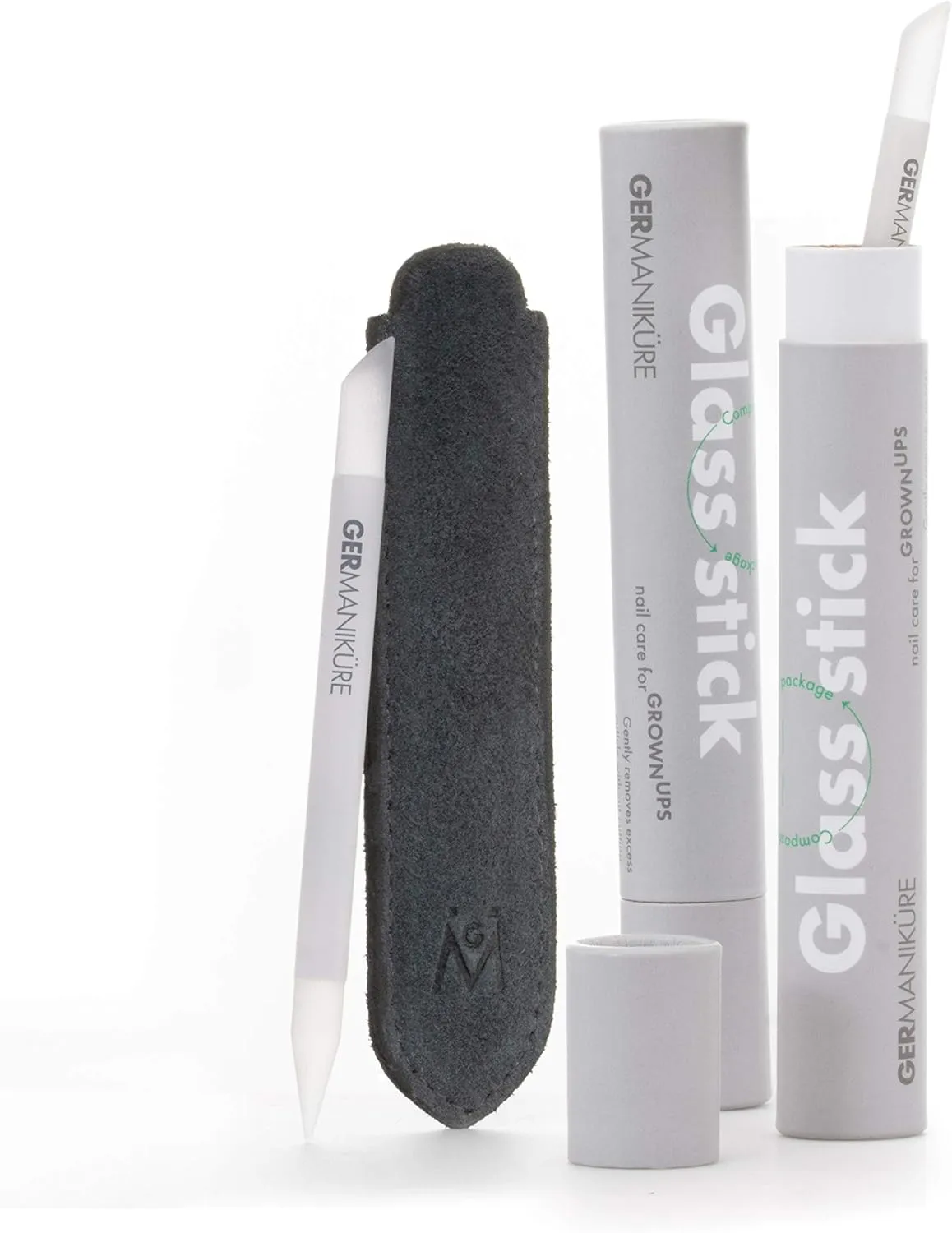 GERMANIKURE Grey Glass Cuticle Stick in Suede Sleeve - Ethically Made in Czech Republic - Cuticle Pusher & Remover, Callous & Dry Skin Fingertip File, Nail Shaper