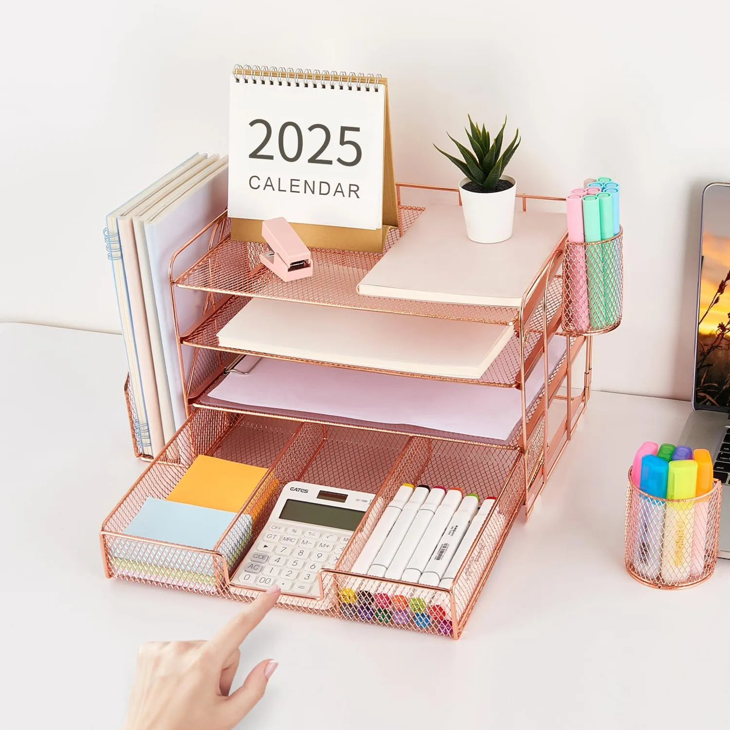 gianotter Paper Letter Tray Organizer with File Holder, 4-Tier Desk Accessories & Workspace Desk Organizers with Drawer and 2 Pen Holder for Office Supplies (Rose Gold)