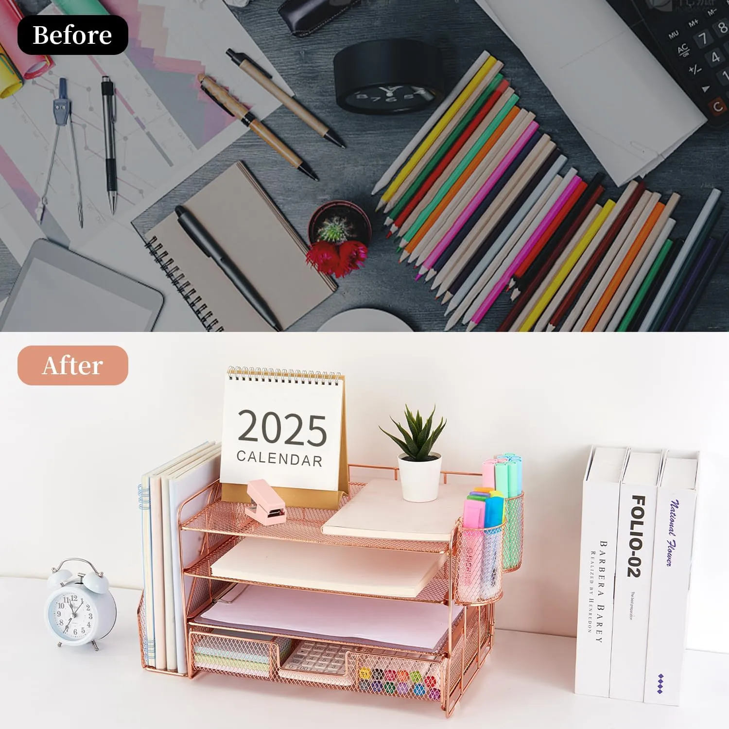gianotter Paper Letter Tray Organizer with File Holder, 4-Tier Desk Accessories & Workspace Desk Organizers with Drawer and 2 Pen Holder for Office Supplies (Rose Gold)