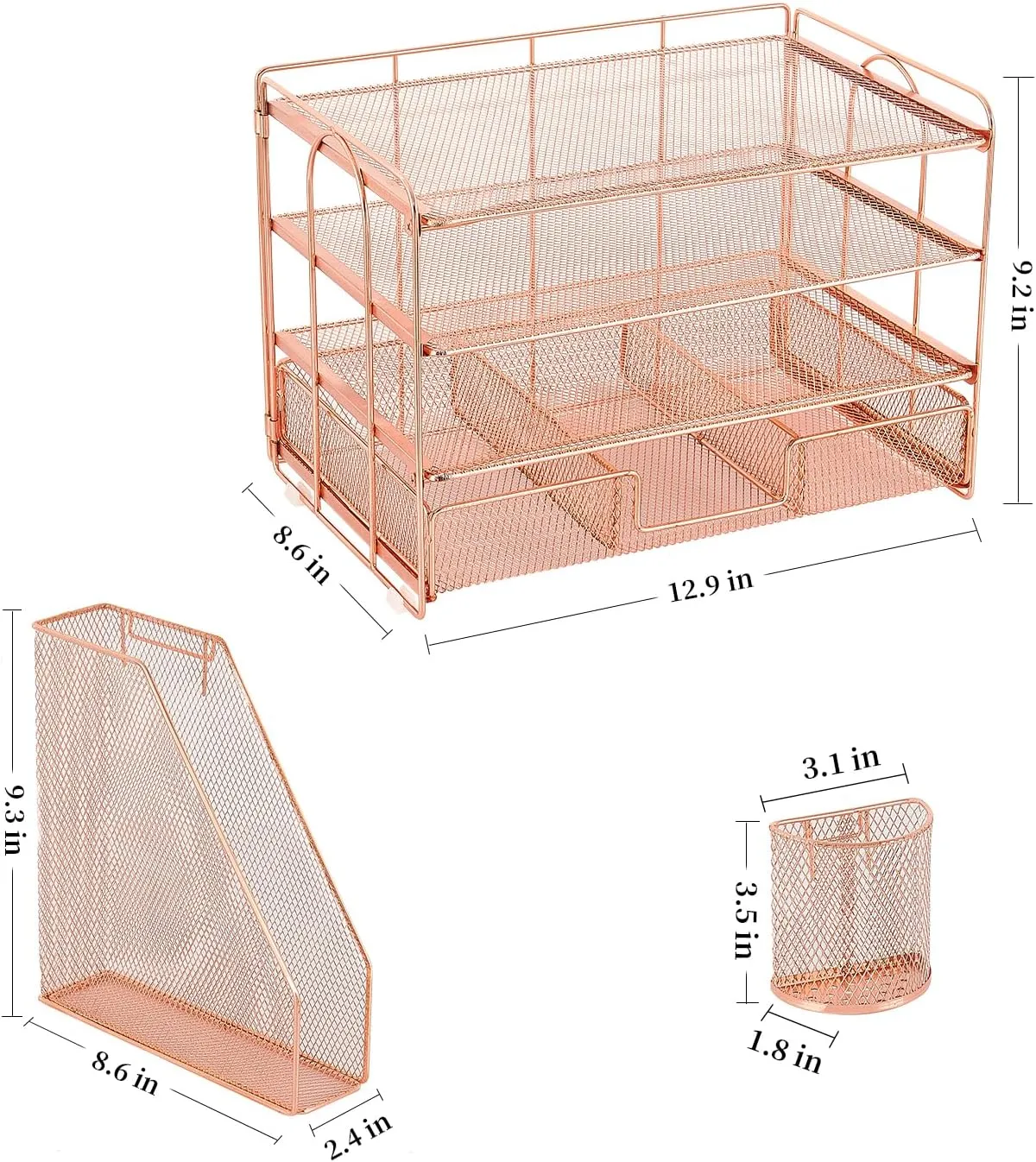 gianotter Paper Letter Tray Organizer with File Holder, 4-Tier Desk Accessories & Workspace Desk Organizers with Drawer and 2 Pen Holder for Office Supplies (Rose Gold)