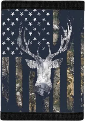 GIFTPUZZ American Flag with Deer Pattern Kids Wallet ID Window Purse Kids Trifold Wallets with Coin Pocket Travel Shopping Money Pouch for Boys Girls