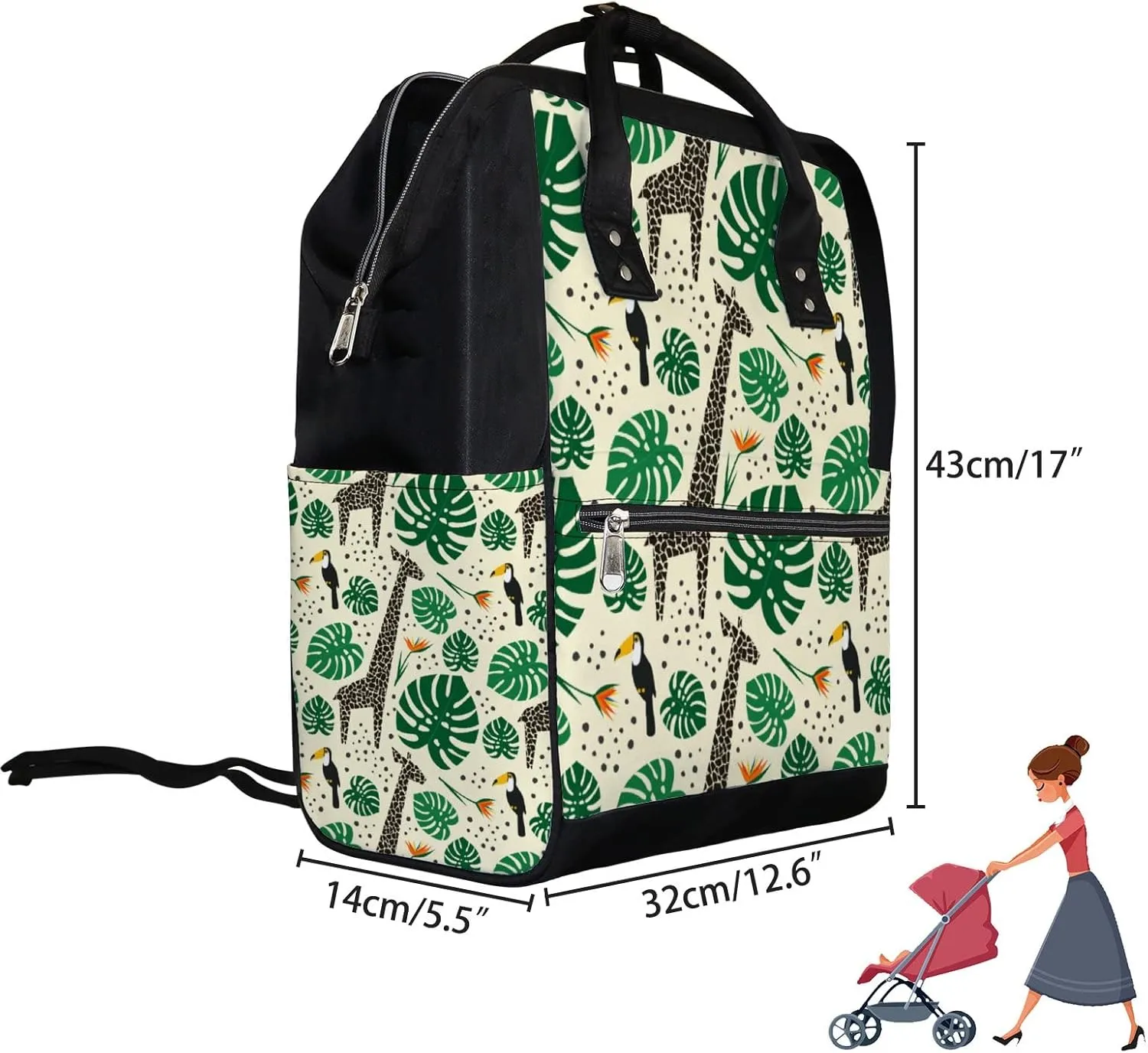 Giraffes Toucans Palm Leaves Diaper Bag Backpack Waterproof Backpack Baby Nappy Changing Bag for Travel Large Capacity Durable and Stylish for Woman