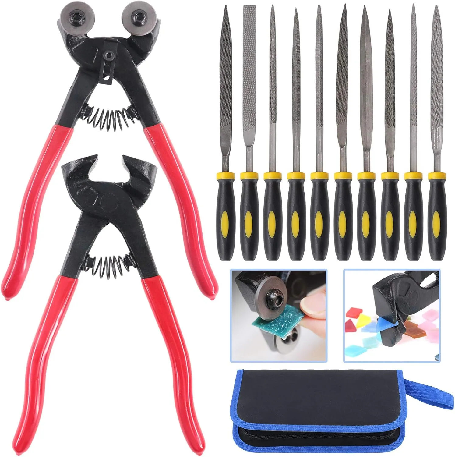 Glarks 12Pcs Mosaic Tools Set, Heavy Duty Wheeled Glass Mosaic Nippers and Tile Cutter Pliers with 10Pcs High Strength Needle File for Glass & Ceramic Cutting and Grinding