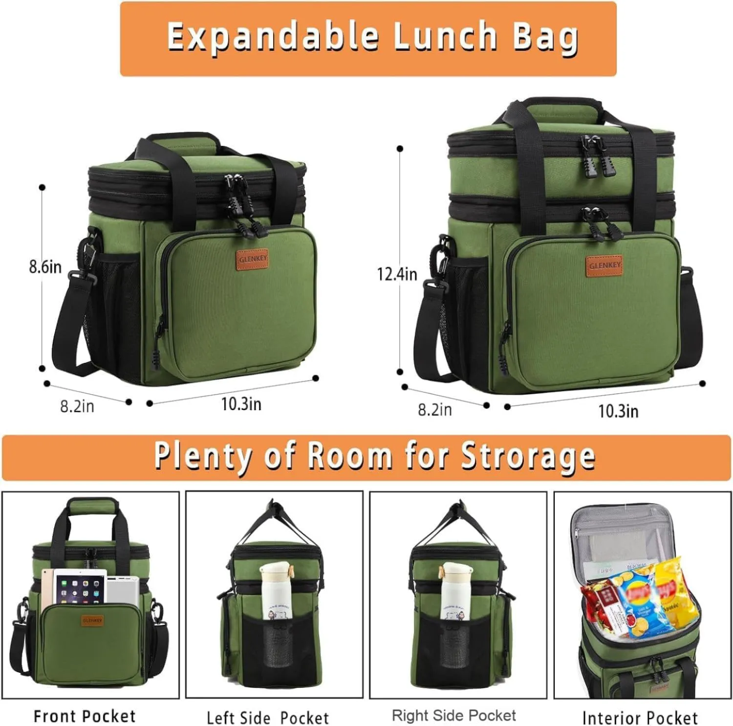 GLENKEY Expandable Large Insulated Lunch Box, Heavy Duty Lunch Cooler Bag Durable Leakproof Lunch Pail for Men Women Adults Work Shift Outdoor Picnic Camping Road Trip, 16L, Army Green
