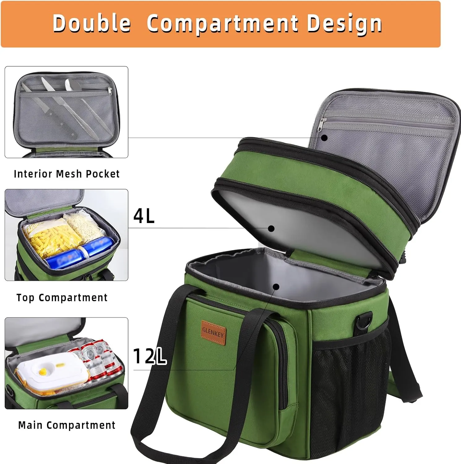 GLENKEY Expandable Large Insulated Lunch Box, Heavy Duty Lunch Cooler Bag Durable Leakproof Lunch Pail for Men Women Adults Work Shift Outdoor Picnic Camping Road Trip, 16L, Army Green