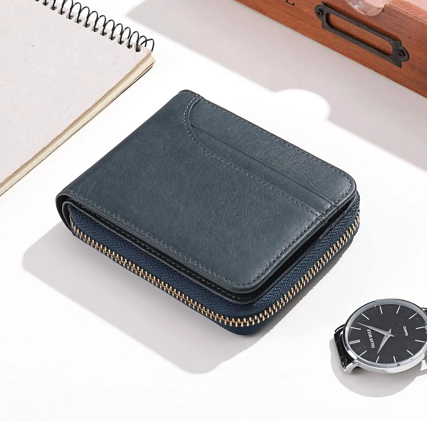 GOIACII Wallets for Men Genuine Leather Front Pocket Wallet RFID Zip Around Bifold Credit Card Holder
