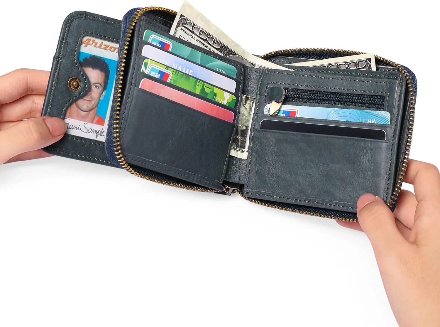 GOIACII Wallets for Men Genuine Leather Front Pocket Wallet RFID Zip Around Bifold Credit Card Holder