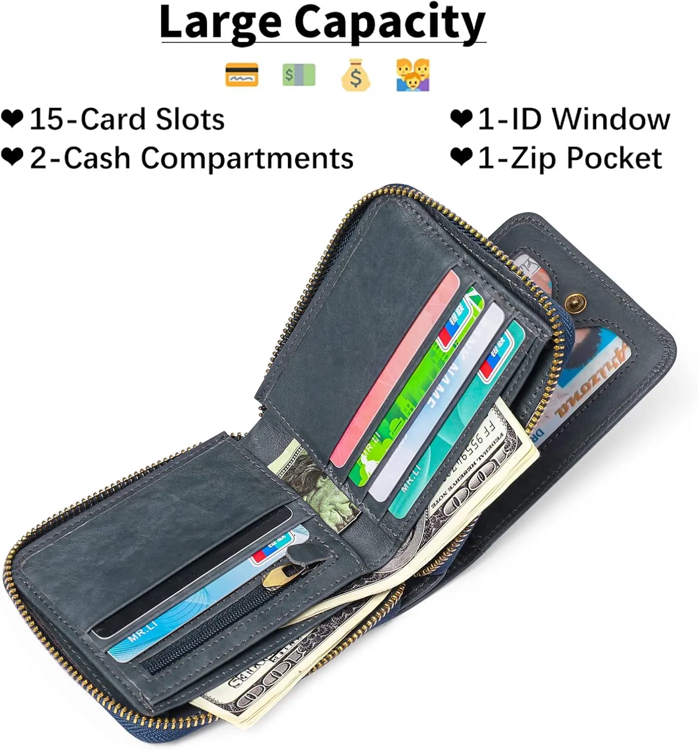 GOIACII Wallets for Men Genuine Leather Front Pocket Wallet RFID Zip Around Bifold Credit Card Holder