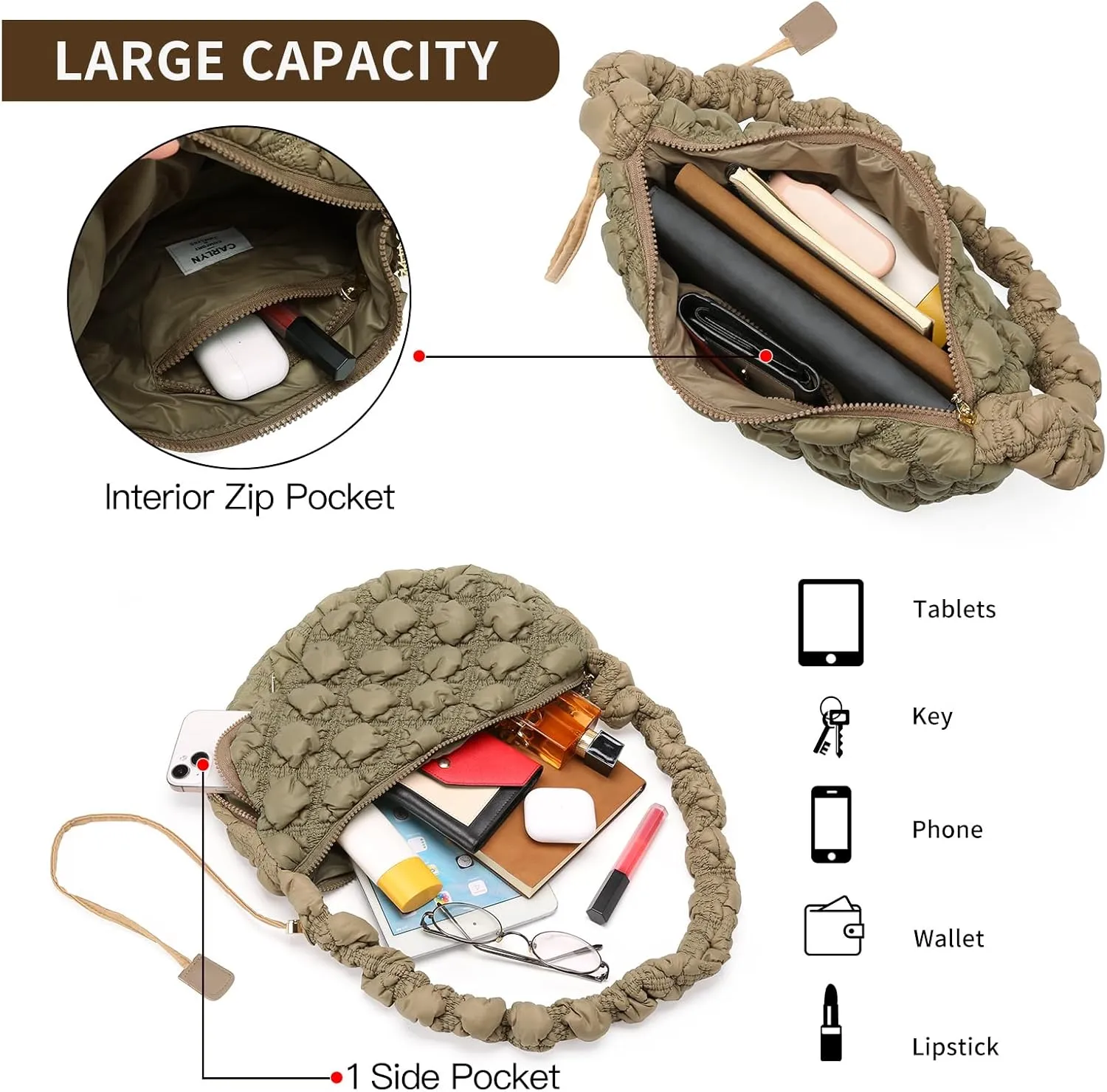 GOIACII Women Crossbody Shoulder Bag with Zipper, Nylon Quilted Puffer Hobo Bag for Women