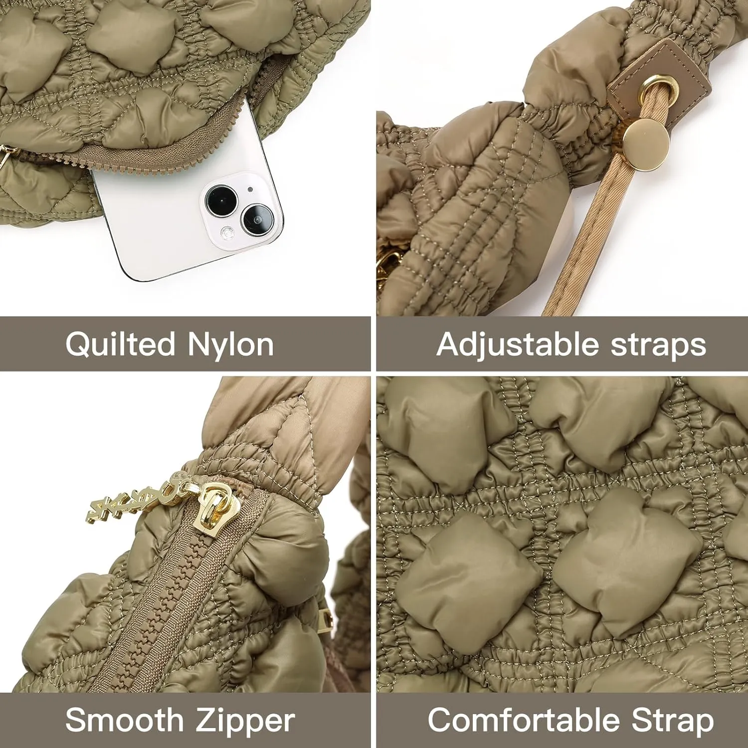 GOIACII Women Crossbody Shoulder Bag with Zipper, Nylon Quilted Puffer Hobo Bag for Women