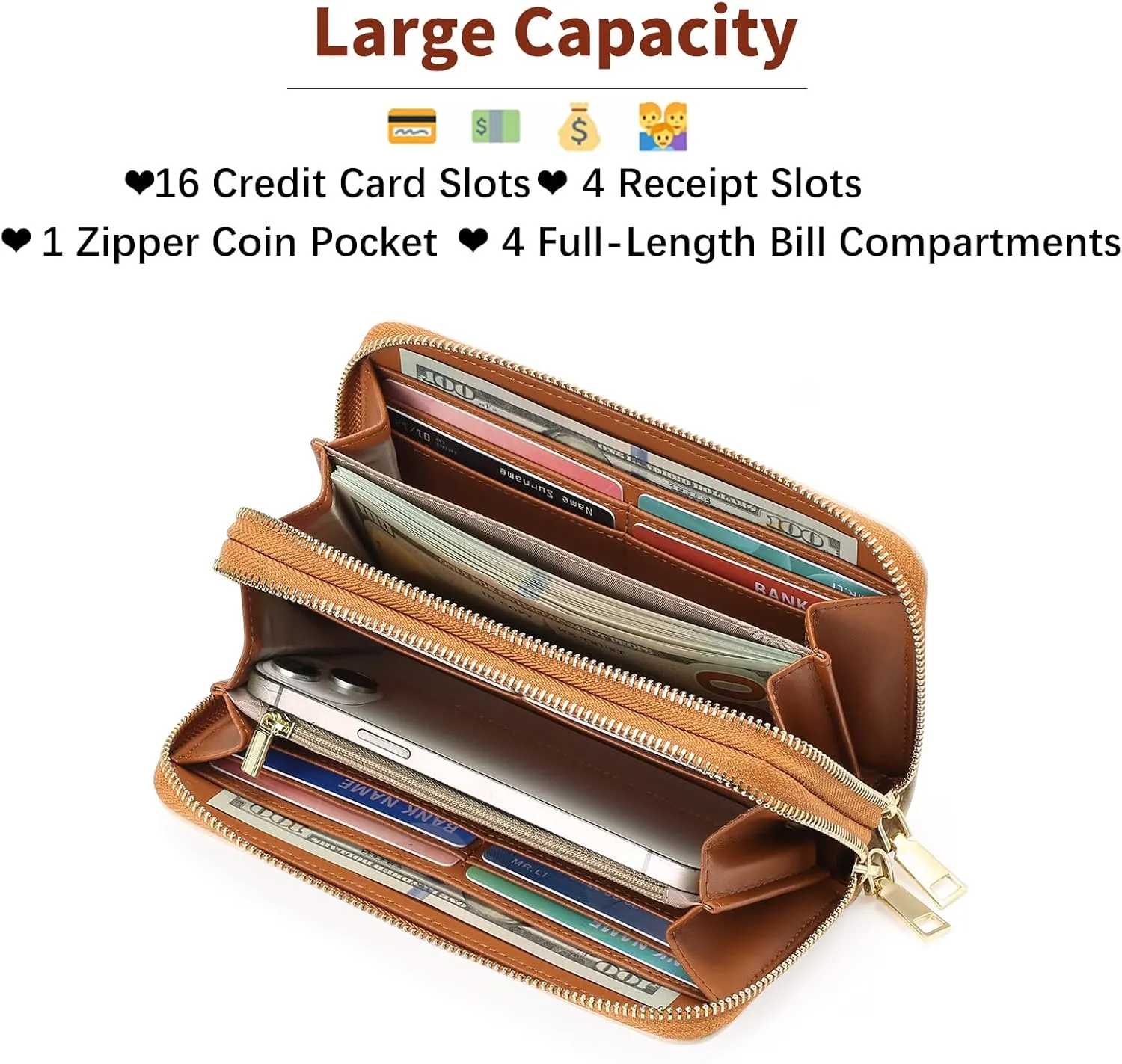 GOIACII Women's Wallet Large Capacity Double Zip Ladies Card Phone Holder RFID Blocking Wristlet Leather