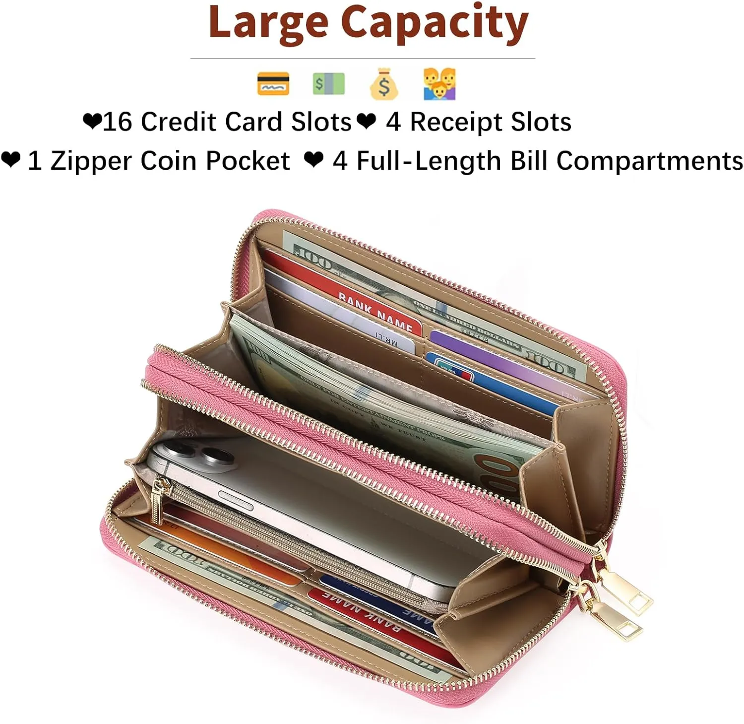 GOIACII Women's Wallet Large Capacity Double Zip Ladies Card Phone Holder RFID Blocking Wristlet Leather