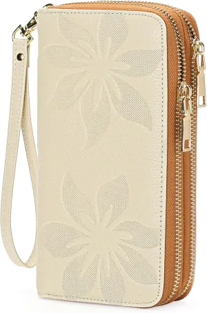 GOIACII Women's Wallet Large Capacity Double Zip Ladies Card Phone Holder RFID Blocking Wristlet Leather