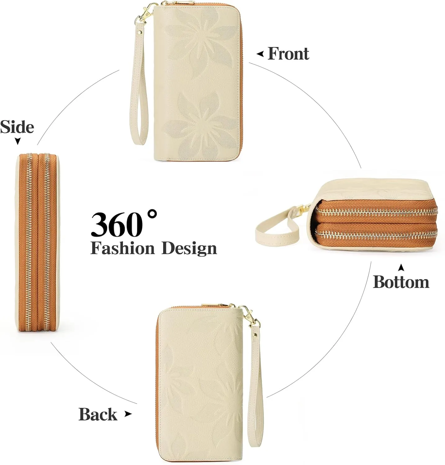 GOIACII Women's Wallet Large Capacity Double Zip Ladies Card Phone Holder RFID Blocking Wristlet Leather