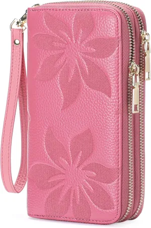 GOIACII Women's Wallet Large Capacity Double Zip Ladies Card Phone Holder RFID Blocking Wristlet Leather