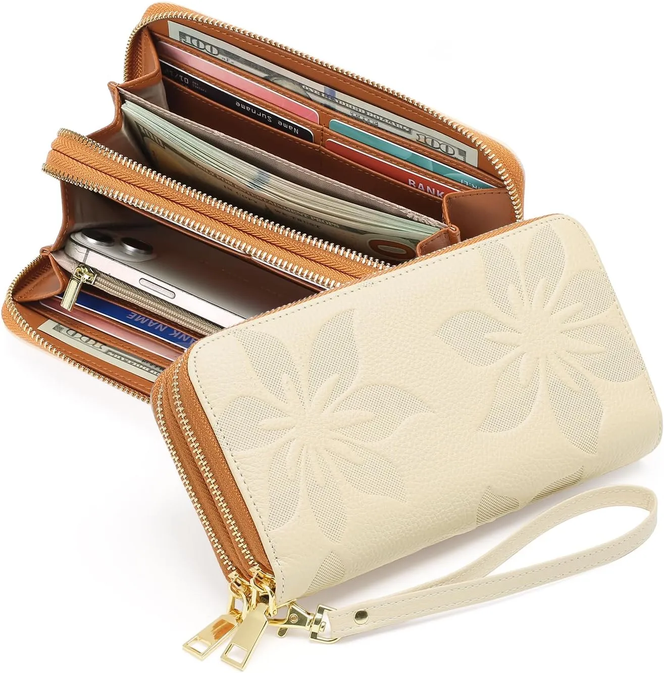 GOIACII Women's Wallet Large Capacity Double Zip Ladies Card Phone Holder RFID Blocking Wristlet Leather