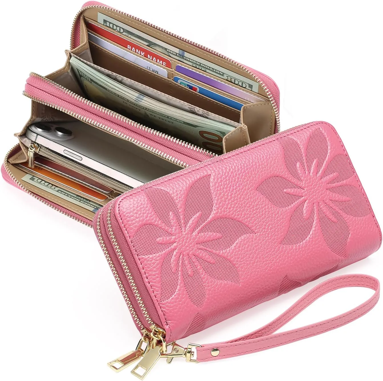 GOIACII Women's Wallet Large Capacity Double Zip Ladies Card Phone Holder RFID Blocking Wristlet Leather