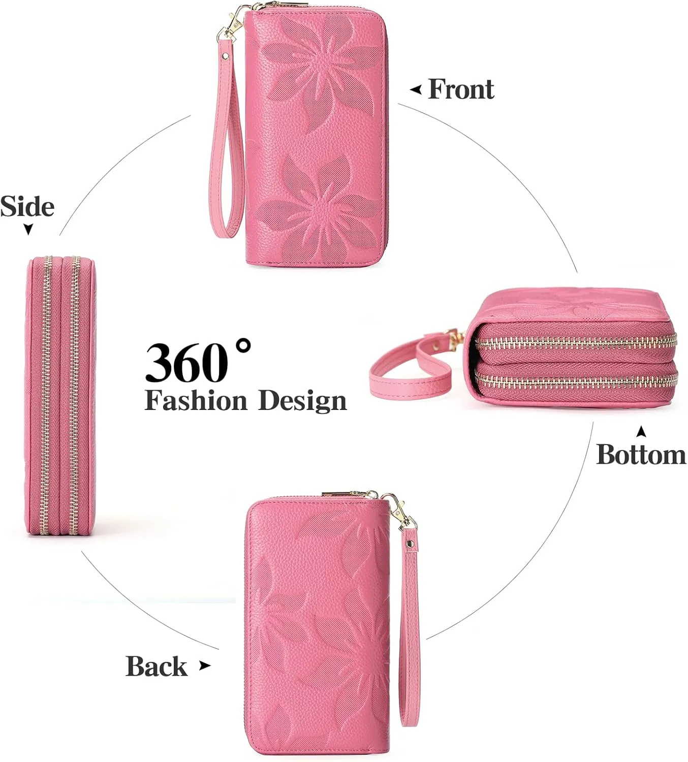 GOIACII Women's Wallet Large Capacity Double Zip Ladies Card Phone Holder RFID Blocking Wristlet Leather