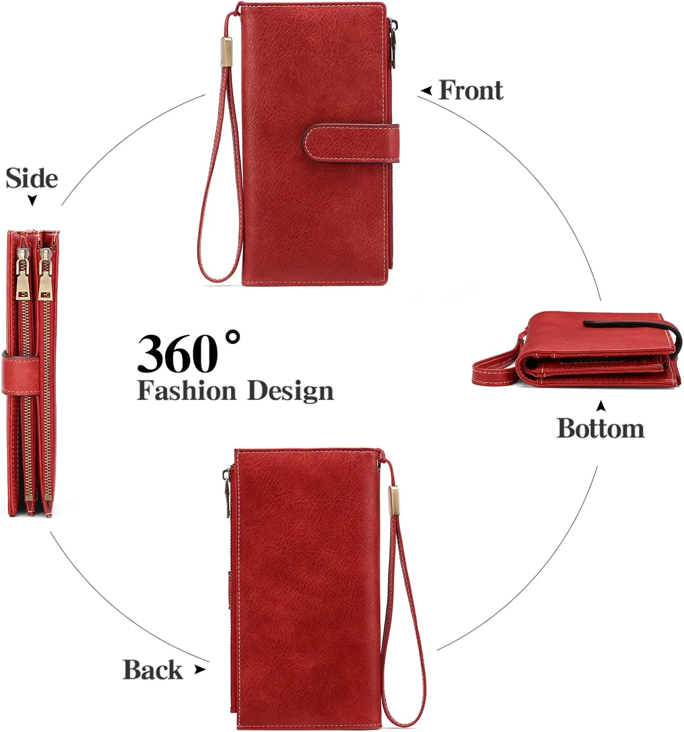 GOIACII Womens Wallets Large Capacity Credit Card Holder Rfid Wallet Women Double Zipper Pocket Leather Bifold Ladies Wristlet Clutch Wallet