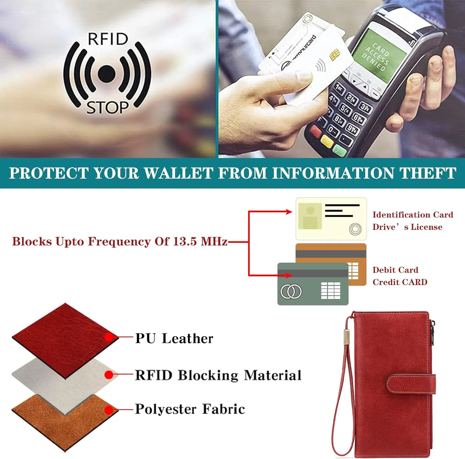 GOIACII Womens Wallets Large Capacity Credit Card Holder Rfid Wallet Women Double Zipper Pocket Leather Bifold Ladies Wristlet Clutch Wallet