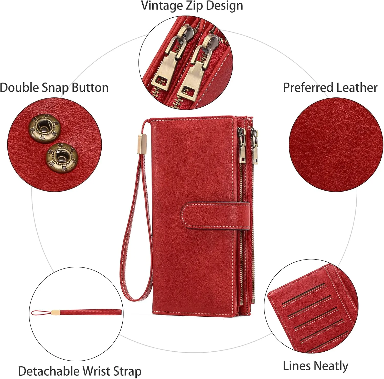 GOIACII Womens Wallets Large Capacity Credit Card Holder Rfid Wallet Women Double Zipper Pocket Leather Bifold Ladies Wristlet Clutch Wallet