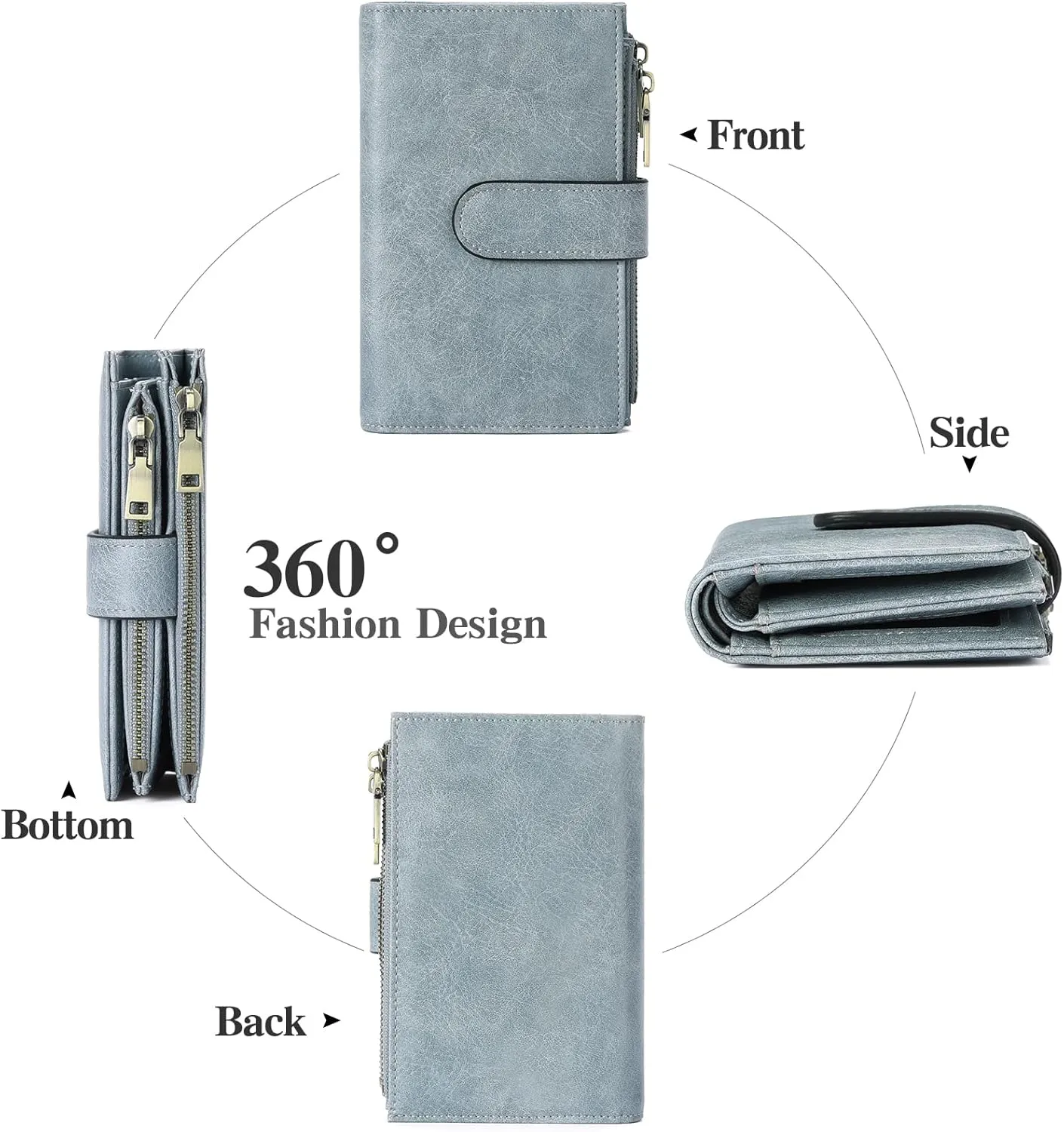 GOIACII Womens Wallets Rfid Credit Card Holder with 2 Zipper Pockets, 3 ID Windows Ladies Purse Leather