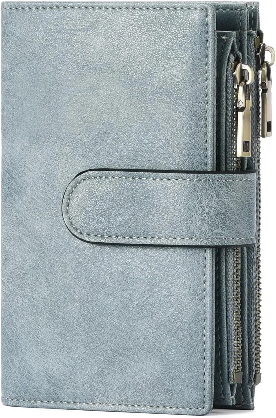GOIACII Womens Wallets Rfid Credit Card Holder with 2 Zipper Pockets, 3 ID Windows Ladies Purse Leather