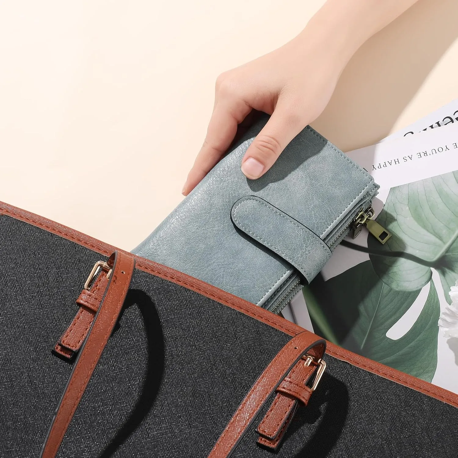 GOIACII Womens Wallets Rfid Credit Card Holder with 2 Zipper Pockets, 3 ID Windows Ladies Purse Leather