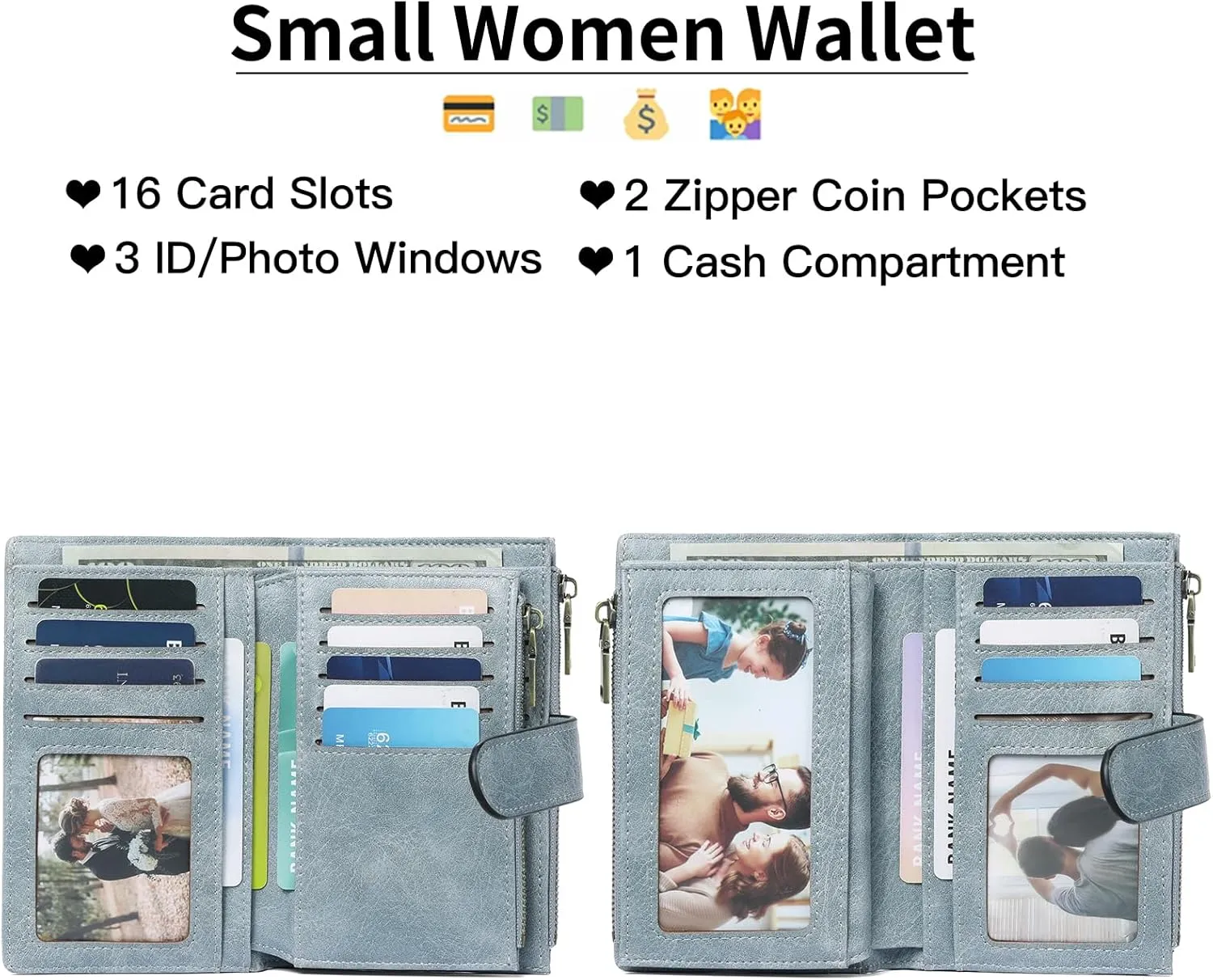 GOIACII Womens Wallets Rfid Credit Card Holder with 2 Zipper Pockets, 3 ID Windows Ladies Purse Leather