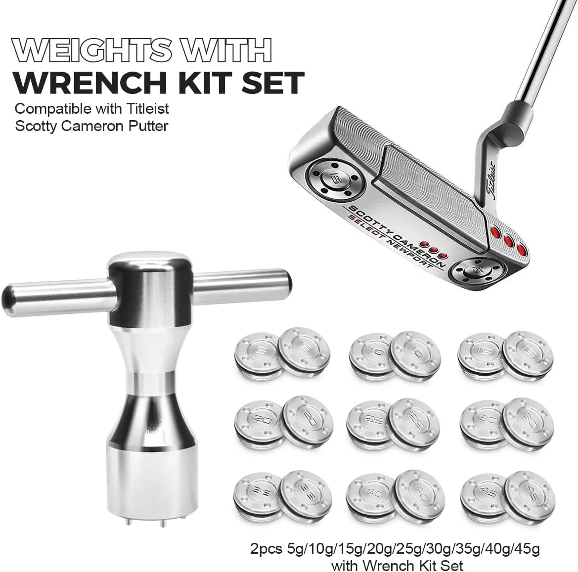 Golf Putter Head Weight 2pcs 5g/10g/15g/20g/25g/30g/35g/40g/45g with Wrench Kit Set Compatible with Titleist Scotty Cameron Putters Newport (5g Wrench (2pcs))