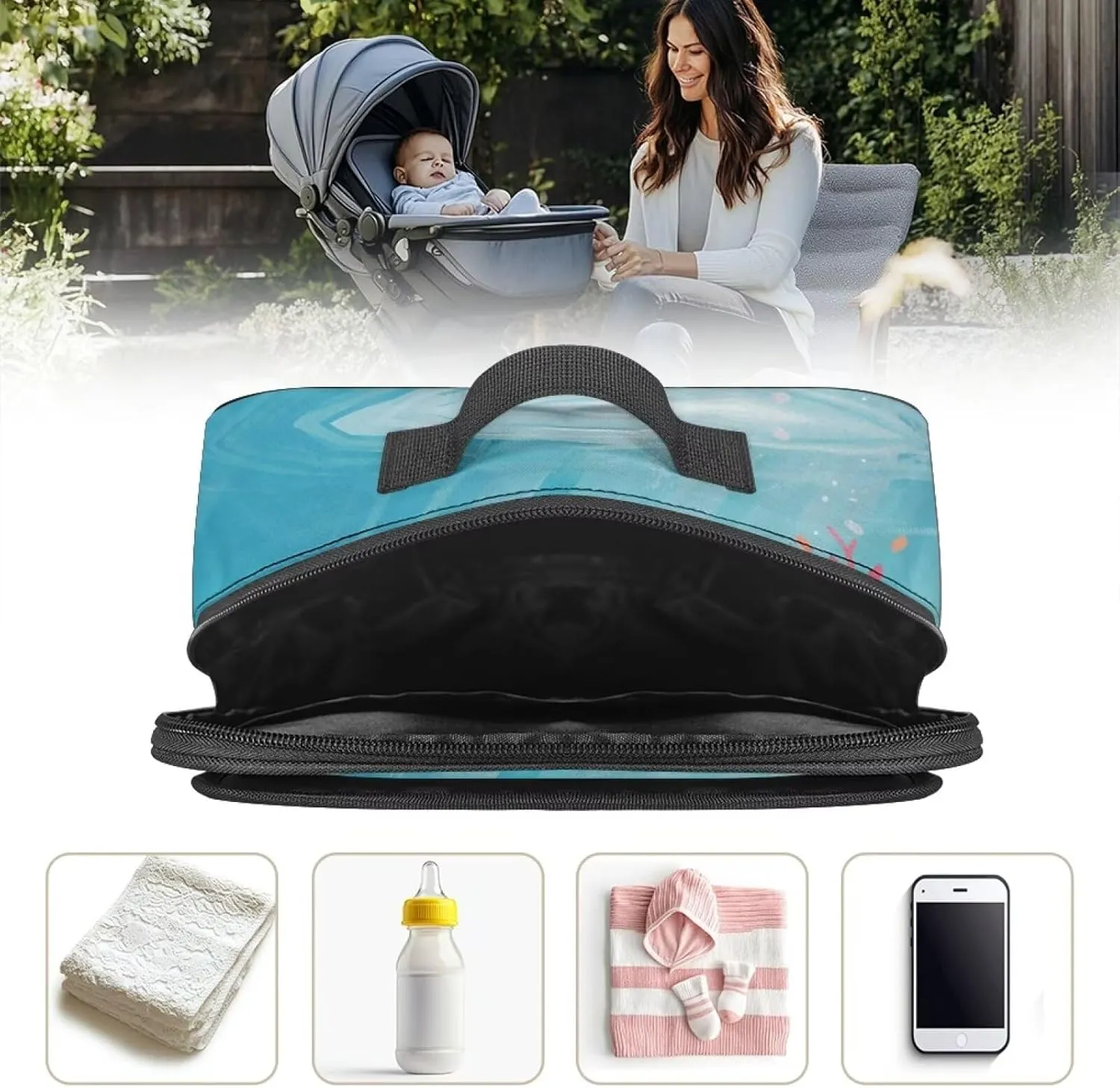 Gomyblomy Cartoon Shark Stroller Organizer Cute Universal Stroller Organizer with Cup Holder Adjustable Shoulder Strap Large Capacity Stroller Bag Caddy Accessories Fit for All Strollers