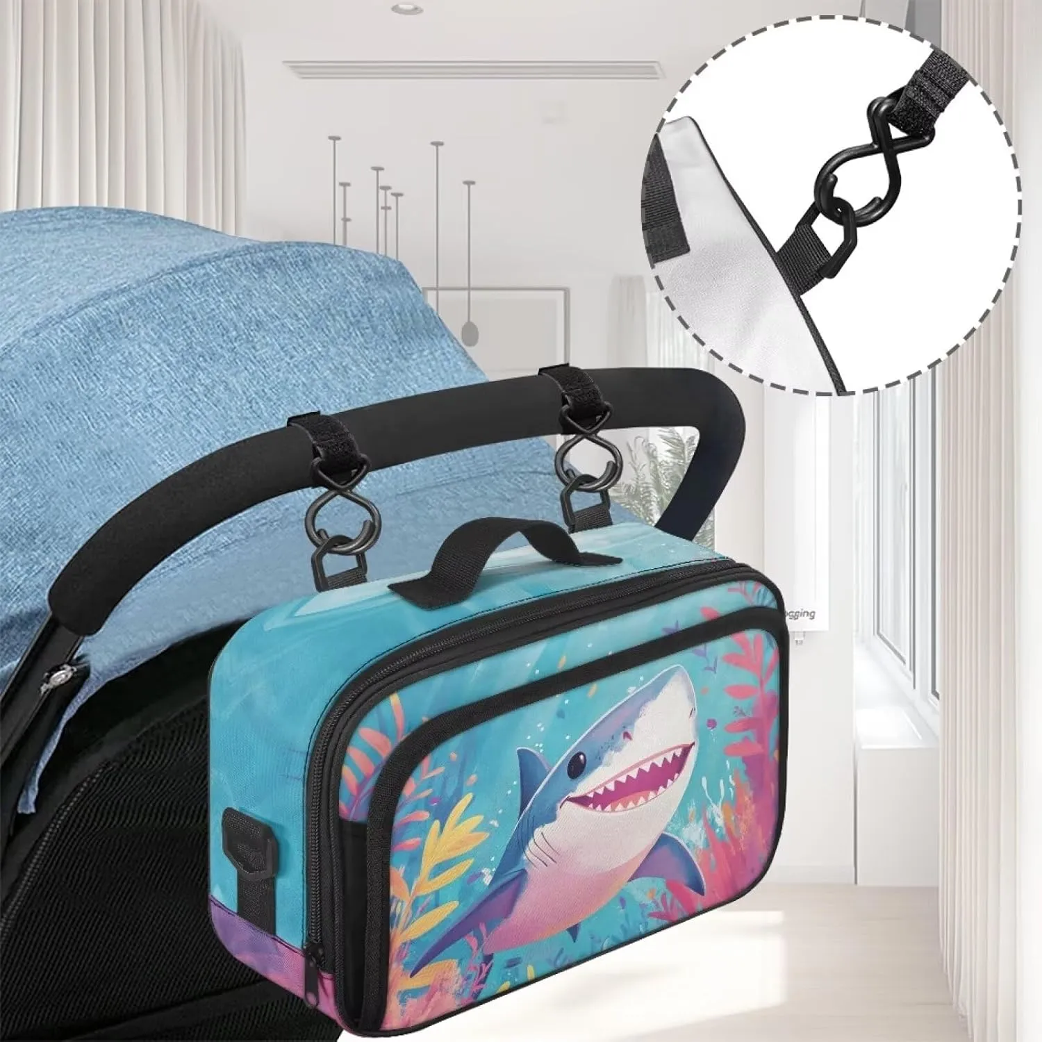 Gomyblomy Cartoon Shark Stroller Organizer Cute Universal Stroller Organizer with Cup Holder Adjustable Shoulder Strap Large Capacity Stroller Bag Caddy Accessories Fit for All Strollers