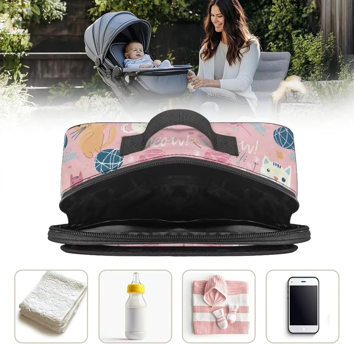 Gomyblomy Cute Cats Stroller Caddy Pink Baby Stroller Organizer Portable Small Diaper Bag with Cup Holder and Shoulder Strap Universal Kawaii Stroller Accessories for Outdoor Travels