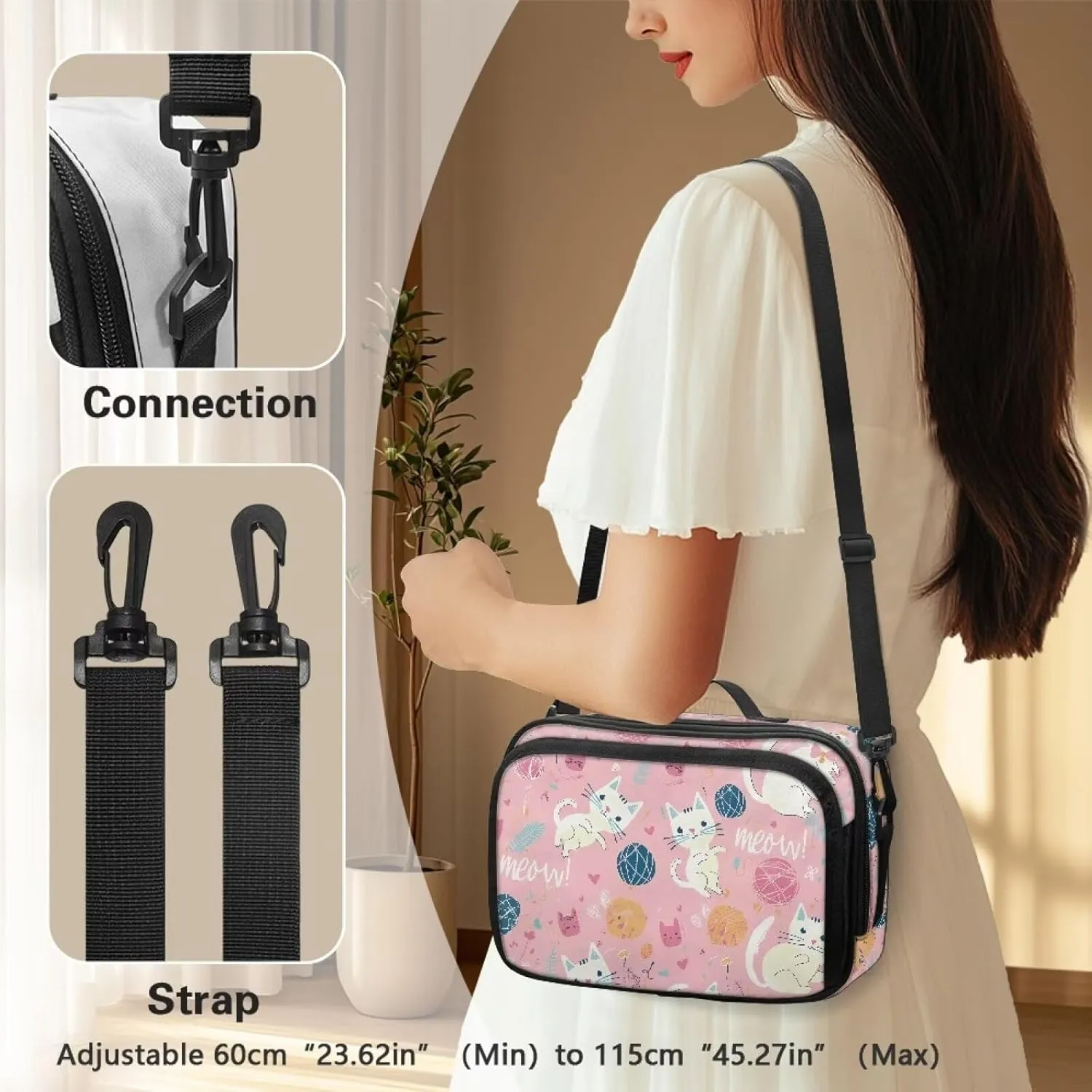 Gomyblomy Cute Cats Stroller Caddy Pink Baby Stroller Organizer Portable Small Diaper Bag with Cup Holder and Shoulder Strap Universal Kawaii Stroller Accessories for Outdoor Travels