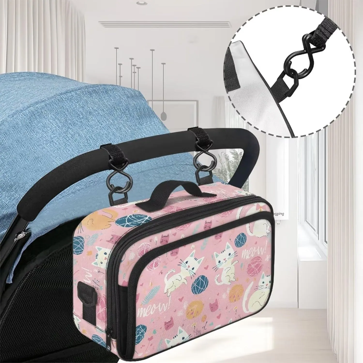 Gomyblomy Cute Cats Stroller Caddy Pink Baby Stroller Organizer Portable Small Diaper Bag with Cup Holder and Shoulder Strap Universal Kawaii Stroller Accessories for Outdoor Travels