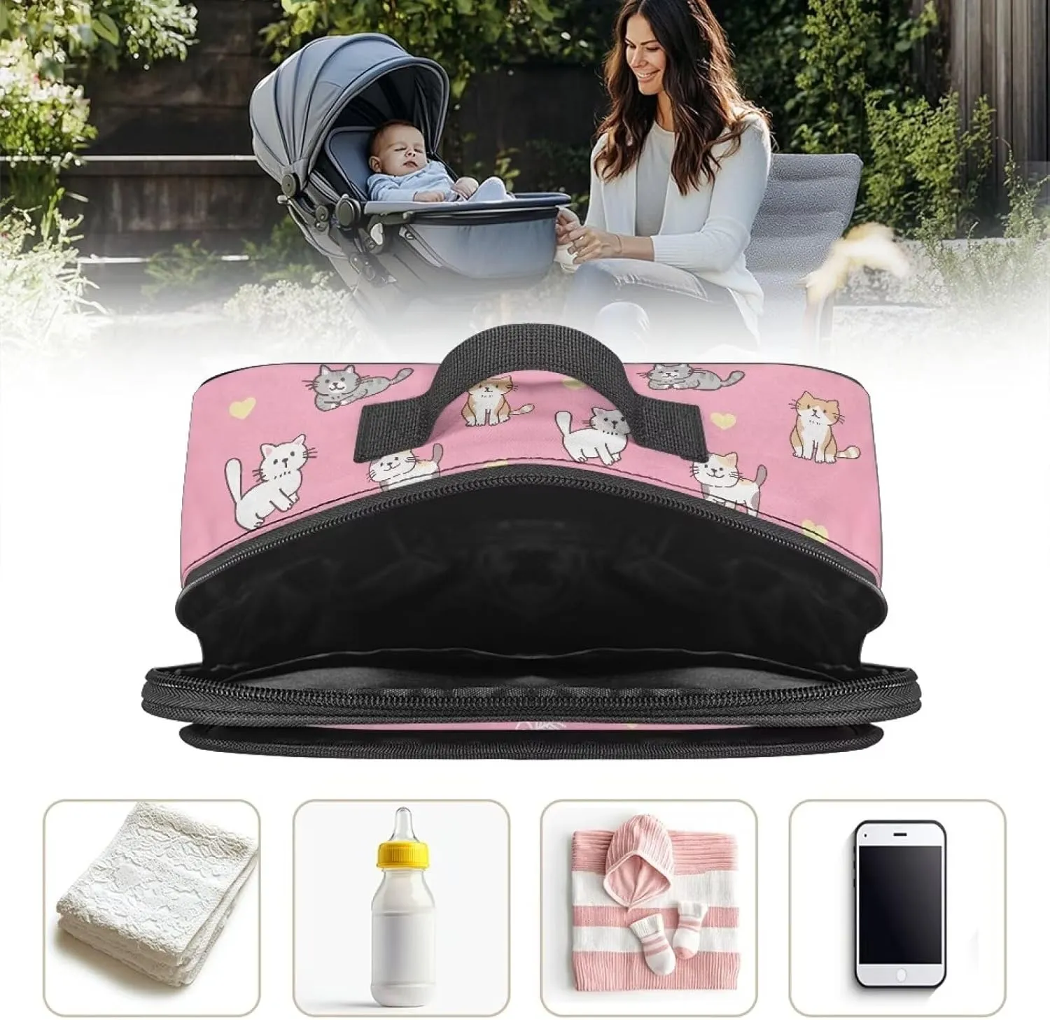 Gomyblomy Cute Cats Stroller Organizer Pink Stroller Storage Bag with Detachable Shoulder Strap Universal Stroller Travel Bag with Non Slip Hooks Multifunctional Diaper Bags for Outdoors